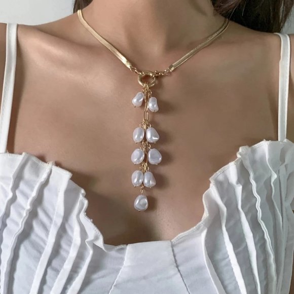 Jewelry - Kpop Irregular Pearl Pendant Snake Chain Tassel Choker Necklace